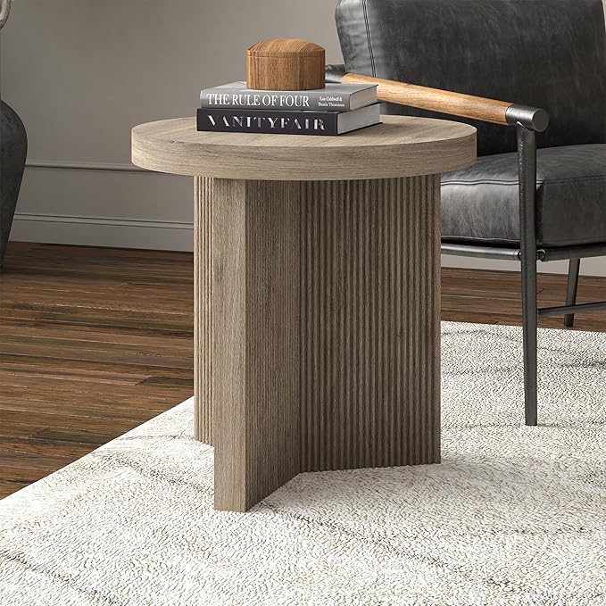 Henn&Hart 22" Fluted Scandinavian Round End Table, Ribbed Side Table, Nightstand for Living Room, Office, Family Room, or Bedroom, Antiqued Gray Oak