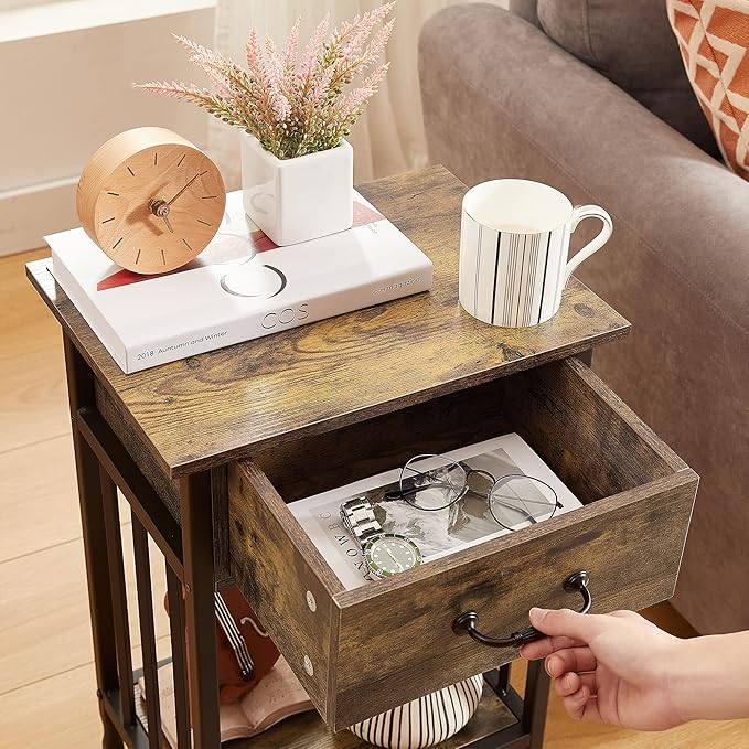 VECELO Nightstands, Industrial Side Table/End Tables with Drawer and Storage Shelf, Night Stands for Bedroom, Living Room, Wood Metal Furniture, Easy Assembly,Antique Brown,2 Sets