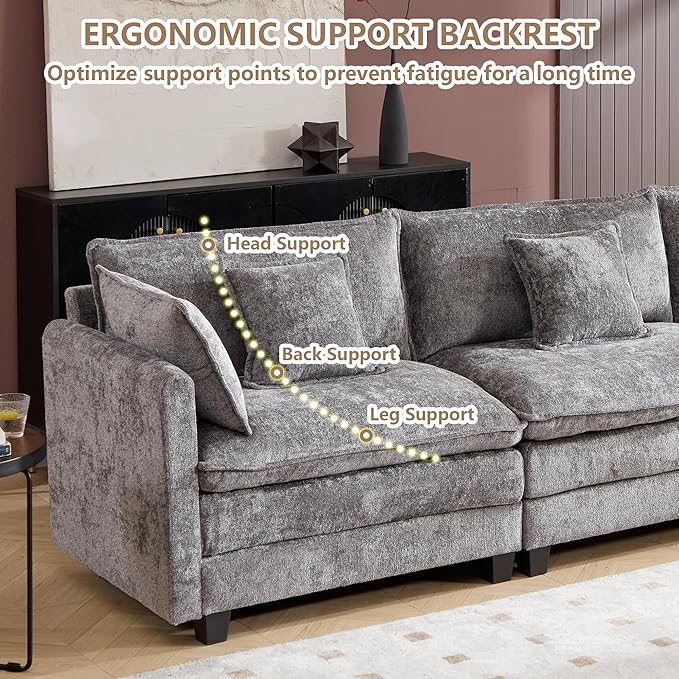 Plush Modular Cloud Sofa Set with Ottoman | L/U-Shaped Deep Seating Chenille Sectional for Family Living Room