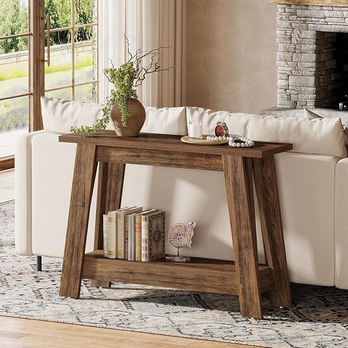 Tribesigns 41.3" Farmhouse Console Table, 2-Tier Wooden Entryway Table with Storage, Rustic Narrow Behind Couch for Living Room, Hallway, Foyer, Rustic Brown