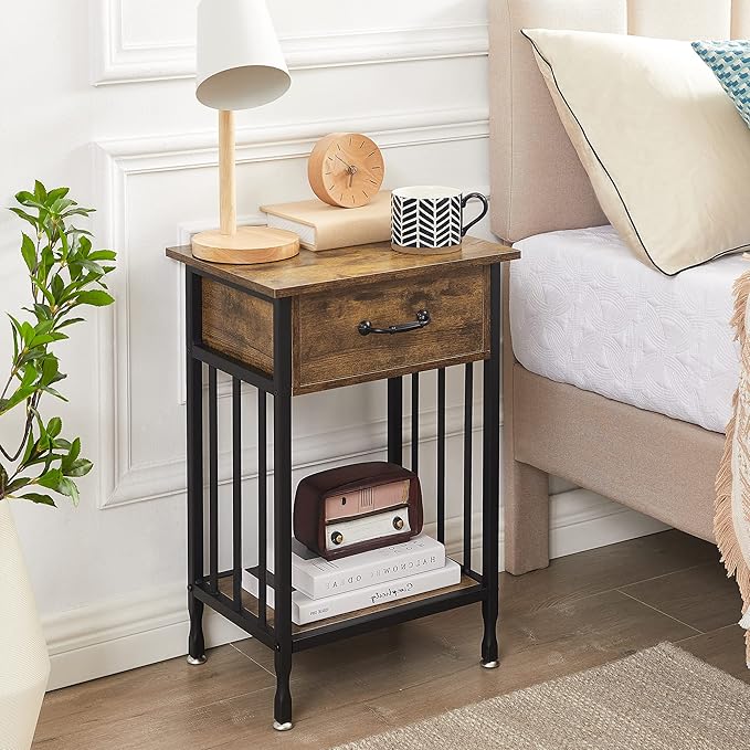 VECELO Nightstands, Industrial Side Table/End Tables with Drawer and Storage Shelf, Night Stands for Bedroom, Living Room, Wood Metal Furniture, Easy Assembly,Antique Brown,2 Sets