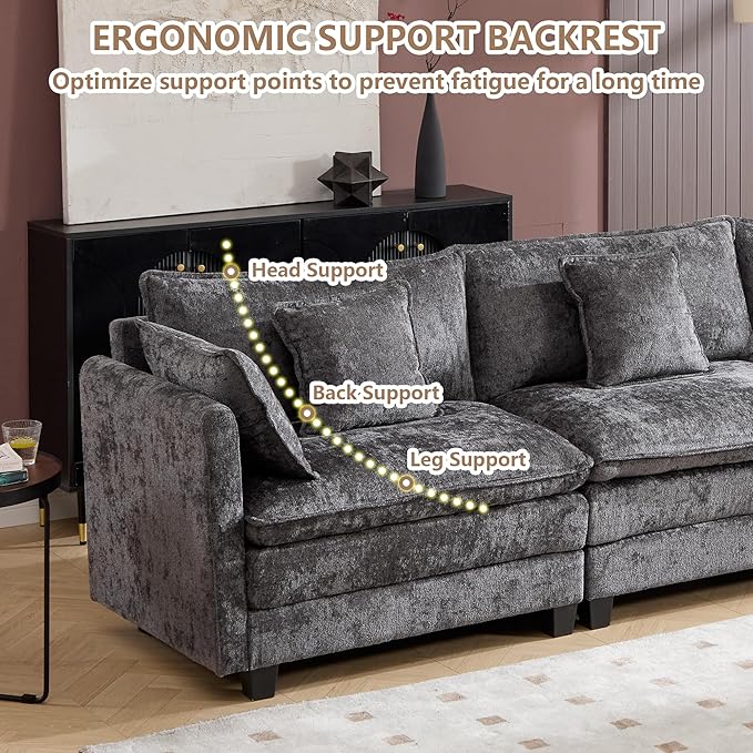 Plush Modular Cloud Sofa Set with Ottoman | L/U-Shaped Deep Seating Chenille Sectional for Family Living Room