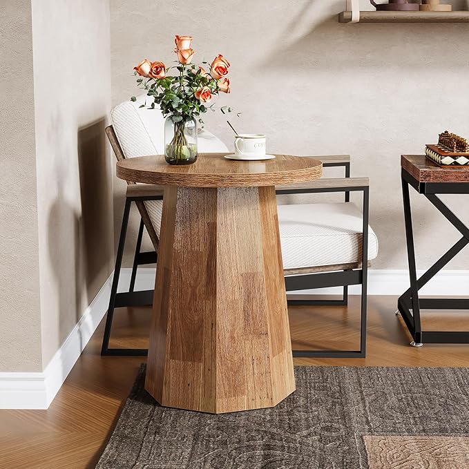 Tribesigns Farmhouse Round End Table, Wooden Couch Side Table with Octagonal Base, Rustic Brown Nightstand Pedestal Accent Furniture for Living Room, Bedroom (1, Walnut)