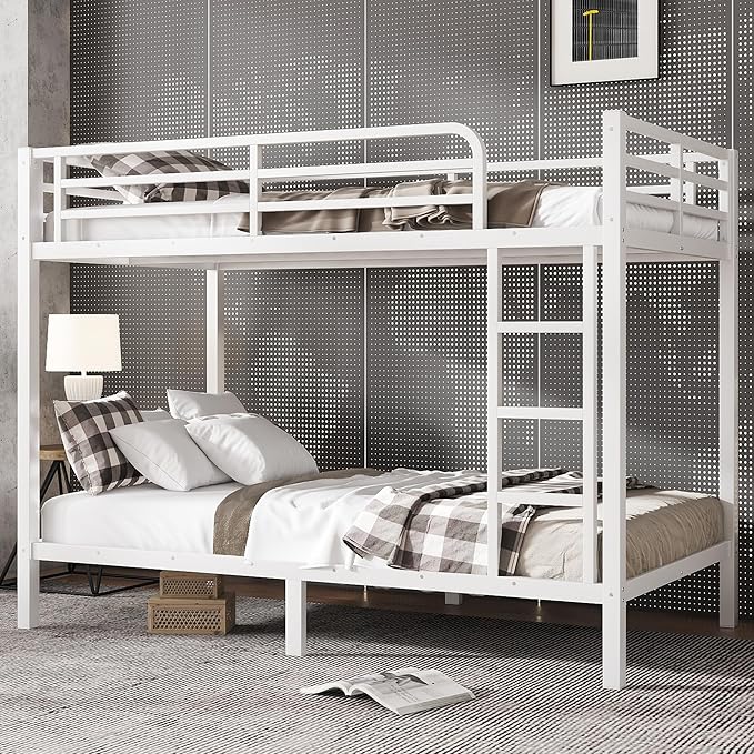 Bellemave Twin XL Over Twin XL Bunk Bed for Adults, Heavy Duty Bunk Beds Frame with Build in Ladder and Full Length Guardrail, Easy Assemble Bunkbeds, Noise Reduced, Mattress Not Included, White