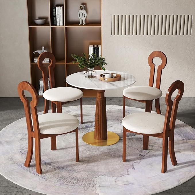 Sintered Stone Office Table and Chair Set - 33.5" Round Table for Small Offices (Light Brown Leg and White Top, 1 Table and 4 Chairs)