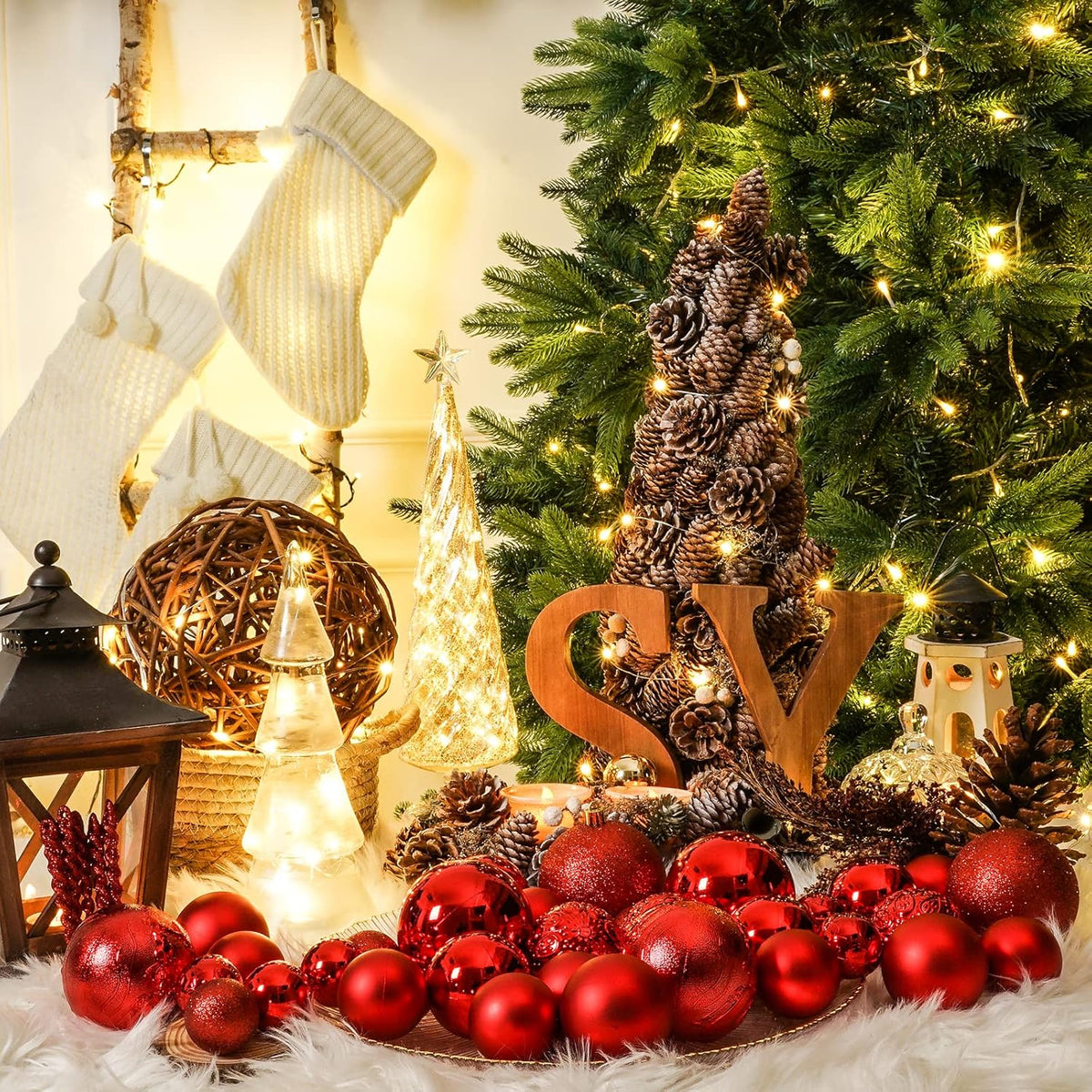 41PCS Christmas Ball Ornaments for Christmas Tree Decorations, Xmas Tree Red Shatterproof Ball Ornaments with Hanging Loop for Holiday and Party Decoration