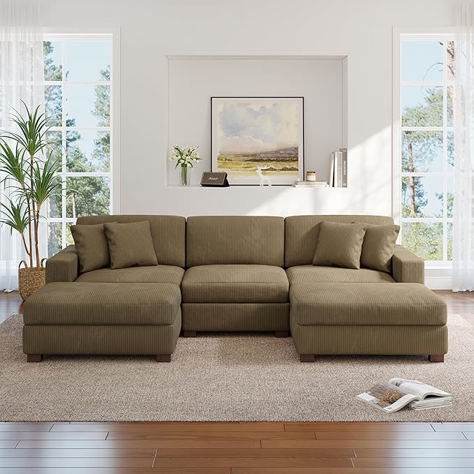 Modular Sectional Couches for Living Room, 118" Modern Upholstered Sofa Couche with Ottoman for Living Room Bedroom, Camel