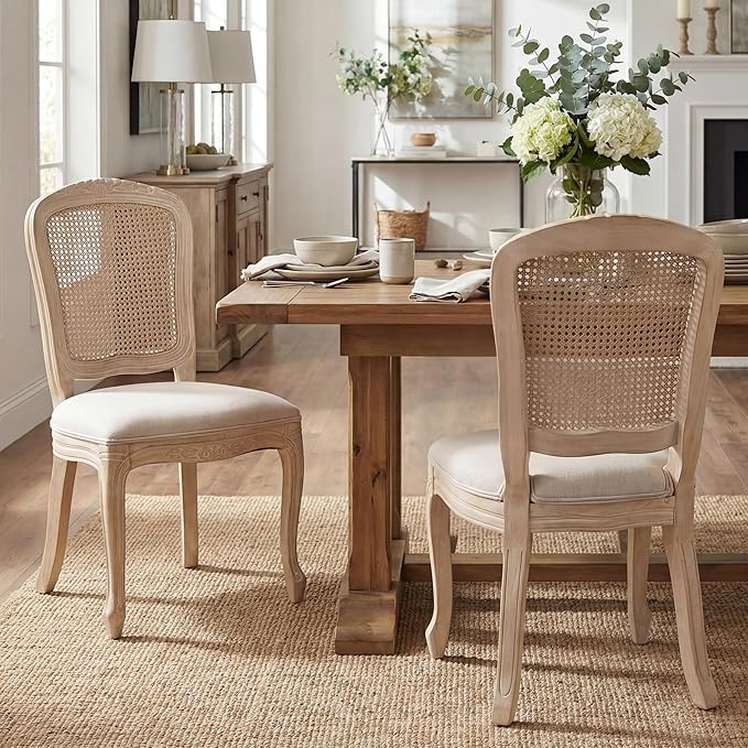 Wicker Dining Chairs Set of 2, Upholstered Linen Fabric Dining Room Chairs with Square High Rattan Back Farmhouse French Kitchen Chairs for Dining Table/Living Room/Restaurant, Cream