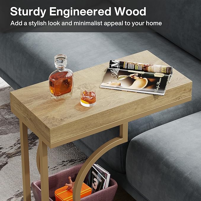 Tribesigns Narrow Side Table C Shaped End Table Modern Bedside Tables for Couch, Small Sofa Chairside Tables with Metal Frame for Living Room (2, Natural+Wood Tones)