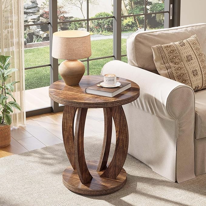 Tribesigns End Table, Round Side Table with Storage, Farmhouse Nightstand Bedside with Round Tabletop, Accent End Table for Living Room Bedroom Small Space, Wooden Accent Furniture (2, Dark Brown)