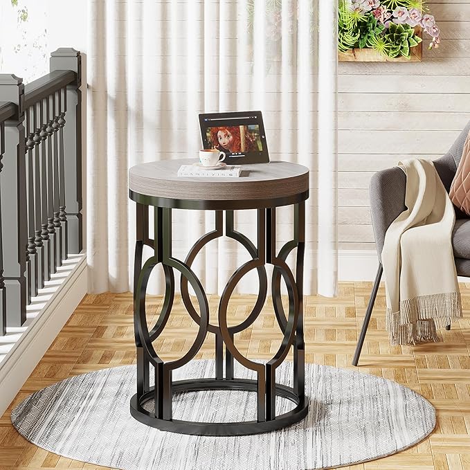 Tribesigns Round End Table, Industrial Side Table with Metal Hollow Frame, Small Bedside Table Nightstand for Living Room, Bedroom, Easy Assembly (Grey,1PC)