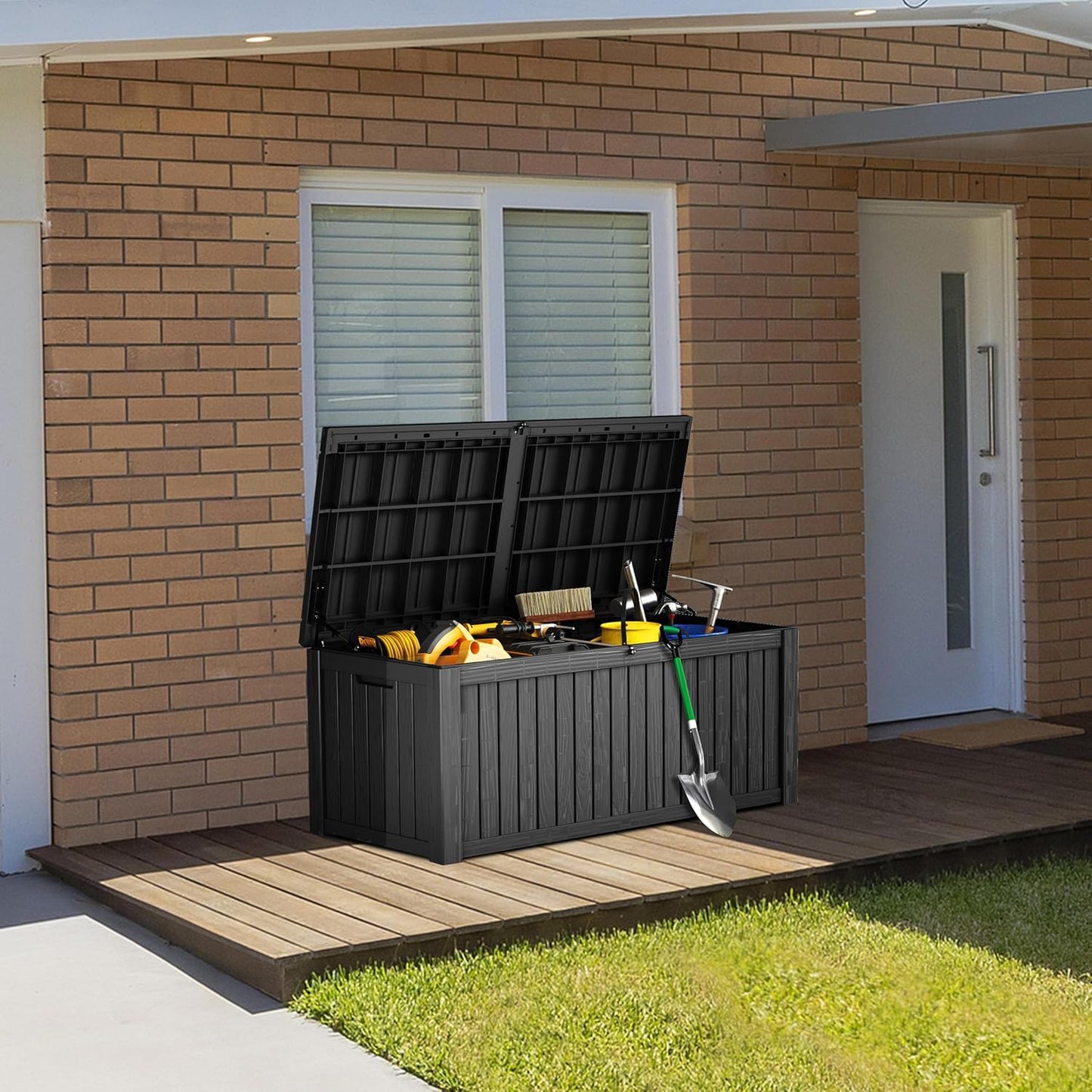 180 Gallon Lockable Resin Deck Box, Waterproof & UV-Resistant Outdoor Storage Box for Outdoor Cushion Storage, Garden Tools & Pool Accessories Storage, Black