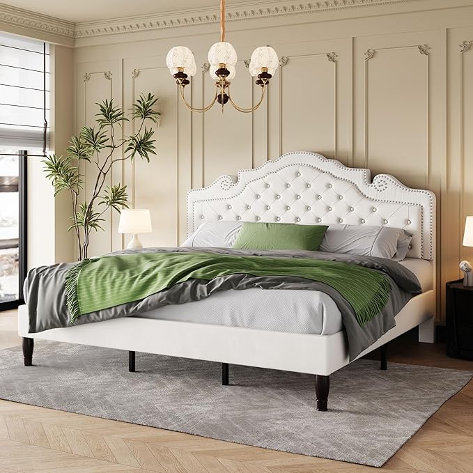 SHA CERLIN King Size Bed Frame with Adjustable Headboard/Velvet Upholstered/Diamond Button Tufted and Metal Studs/No Box Spring Needed/Sturdy Wood Slat Support/Easy Assembly/White
