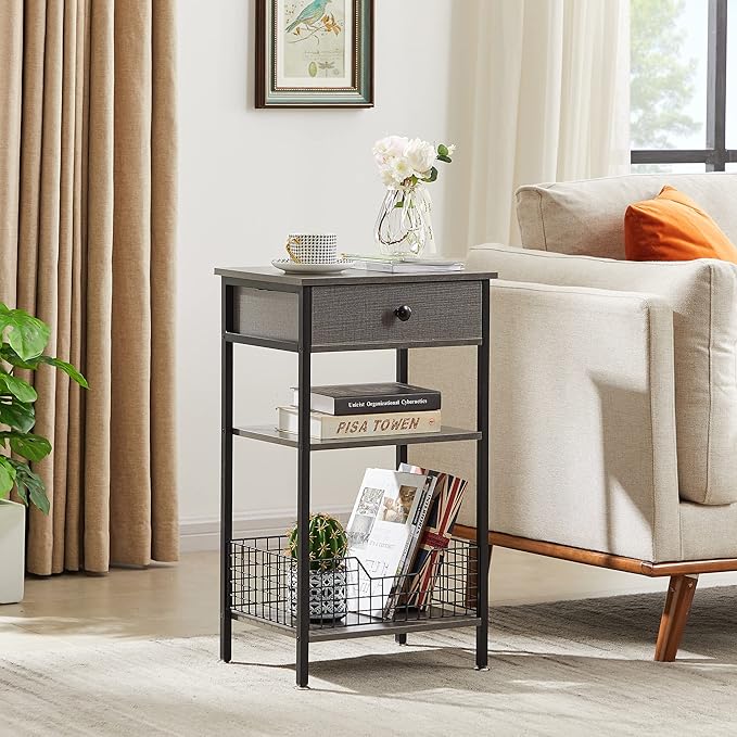 VECELO Tall Side End Table,Nightstands Shelf Storage Organizer with U-Shape Shlef Basket and Drawer for Telephone Entryway/Living Room/Bedroom/Kitchen,Small Spaces,Hemp Gray,27.5" H,1 Set