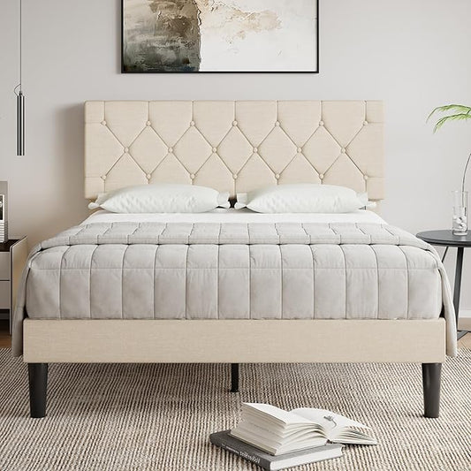 VECELO Queen Bed Frame with Button Tufted Headboard, Upholstered Platform with Wooden Slat Support, No Box Spring Needed, Cream Beige