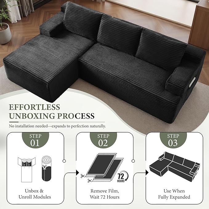 96''Sectional Couches for Living Room,Modern Modular Sectional Sofa,Upholstered Boneless Couch with Pockets,Comfy Cloud Couch with L Shaped Chaise (Black, 96''W Left Facing Chaise)