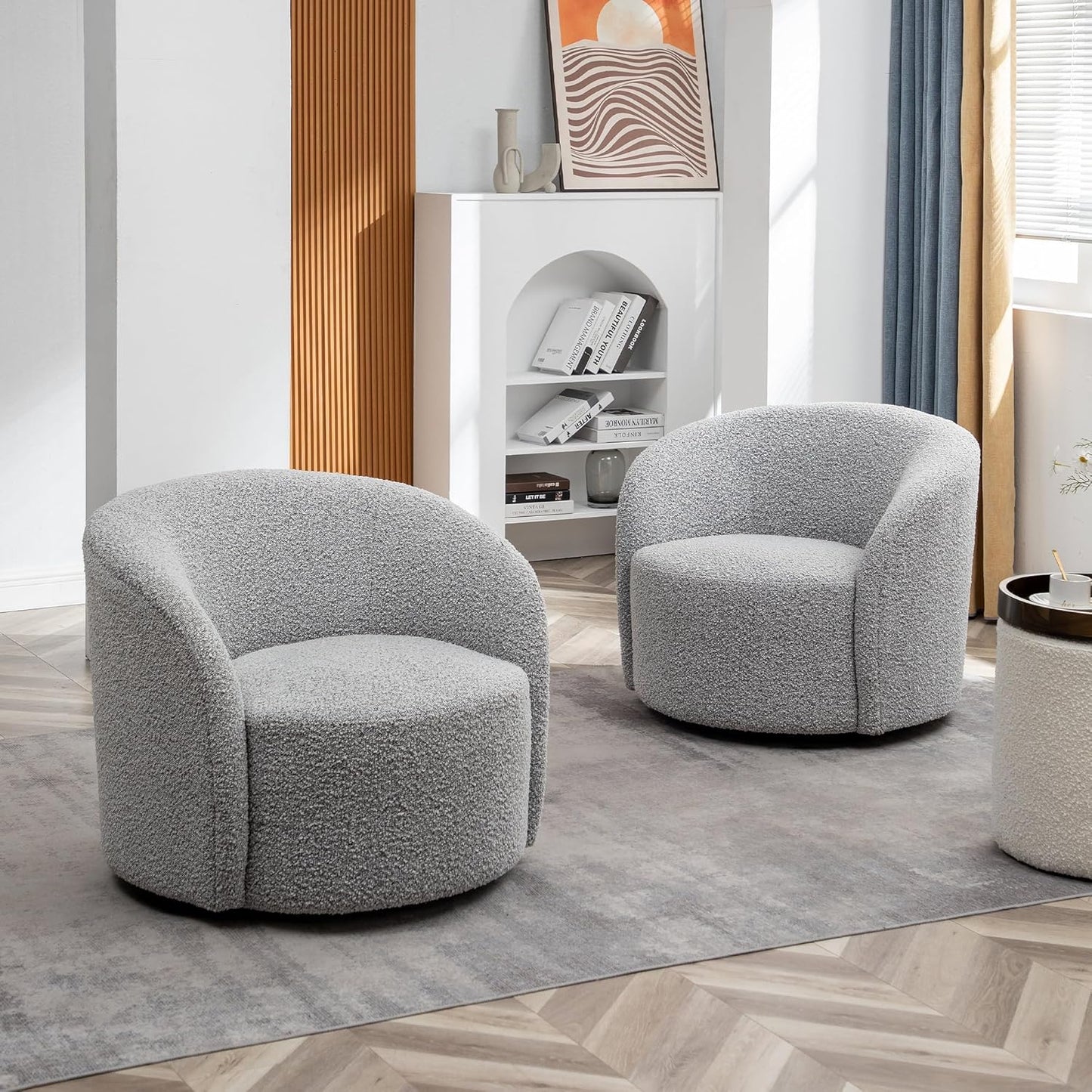 KINWELL 34" W Swivel Barrel Chair Set of 2, Mid Century Modern Round Upholstered Boucle Swivel Accent Chairs, No Assembly Sofa Chair for Living Room Bedroom Reading, Black White