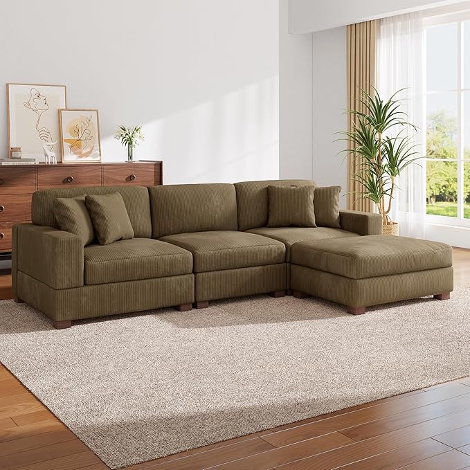 Modular Sectional Couches for Living Room, 118" Modern Upholstered Sofa Couche with Ottoman for Living Room Bedroom, Camel