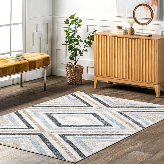 nuLOOM 3' x 5' Machine Washable Stain-Resistant Area Rug Medium Profile for Living Room, Bedroom, and Dining Room, Akari Blue
