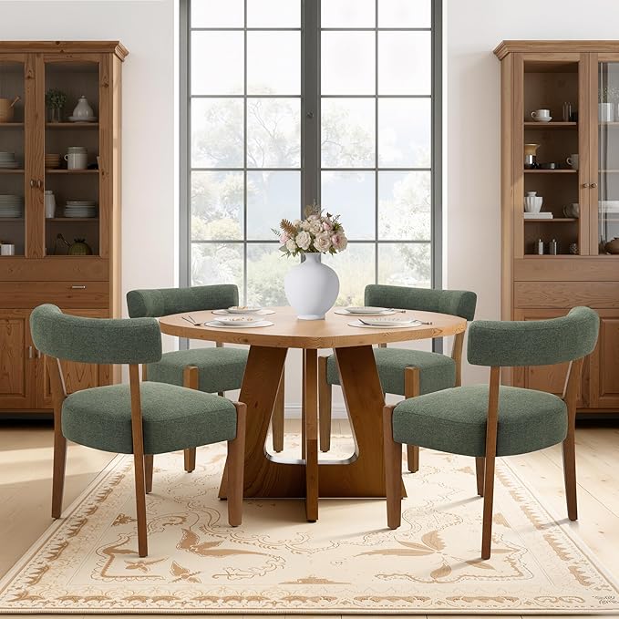 Modern Green Dining Chairs Set of 2, Walnut Upholstered Kitchen & Dining Room Chairs, Mid Century Modern Wooden Dining Chairs Oversized Sturdy Fabric Rounded Chairs Curved Back