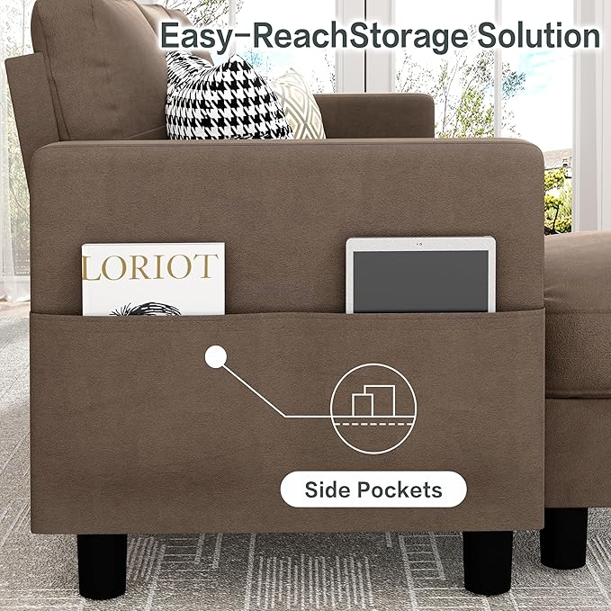 JY QAQA Convertible Sectional Sofa Couch with 3-Seat Sofa, L-Shaped Ottoman Couch with Modern Linen Fabric for Small Living Room, Apartment and Small Space(Brown)