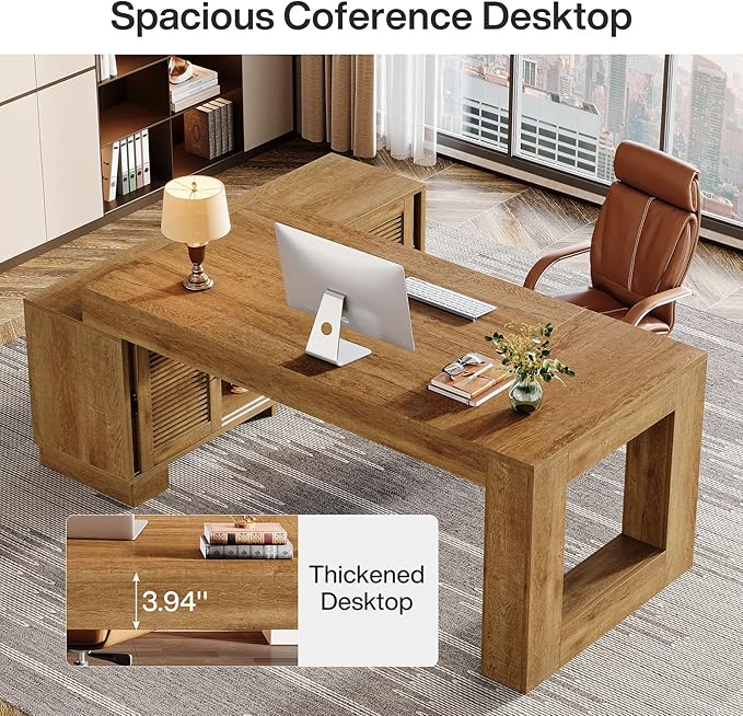 Tribesigns L Shaped Executive Desk with Storage Cabinets and 2-Tier Shelf, 63-Inch Simple Modern Business Furniture Large Computer Writing Table Workstation for Home Office, Dark Brown