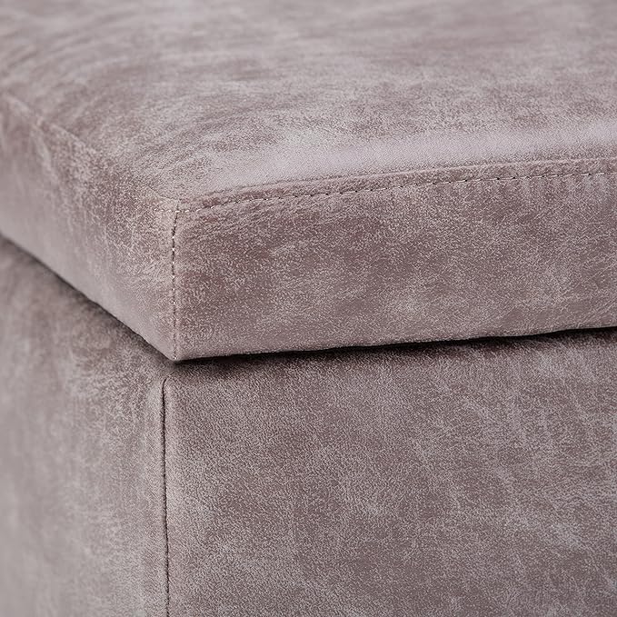 SIMPLIHOME Owen 34 inch Wide Mid Century Modern Rectangle Coffee Table Storage Ottoman in Distressed Grey Taupe Vegan Faux Leather, Assembled, for the Living Room, Entryway and Family Room