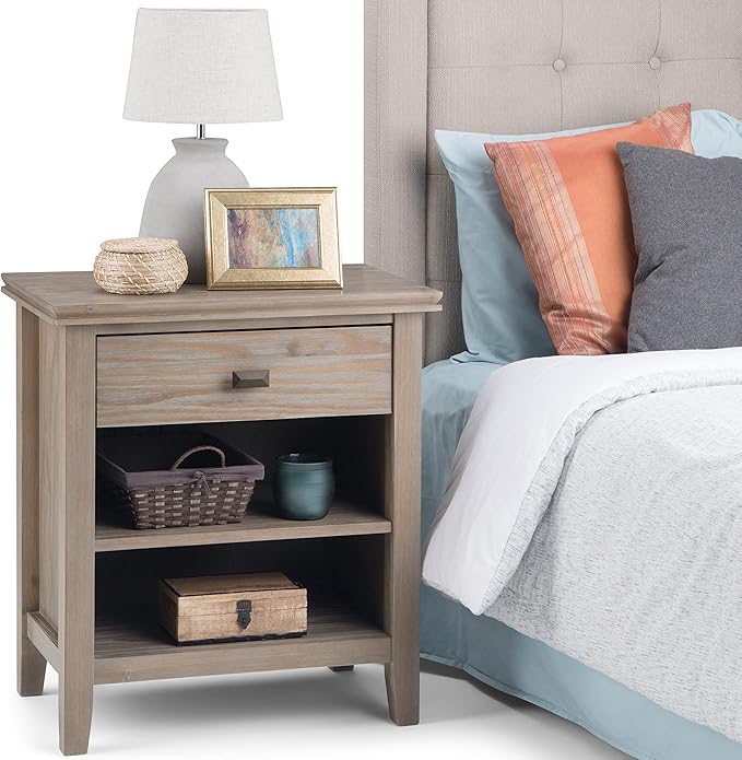 SIMPLIHOME Artisan Bedside Table - 24 inch Wide Solid Wood Nightstand Table in Distressed Grey, Contemporary Bedroom Side or End Table with 1 Drawer, Open Shelf Storage and Bronze Knobs