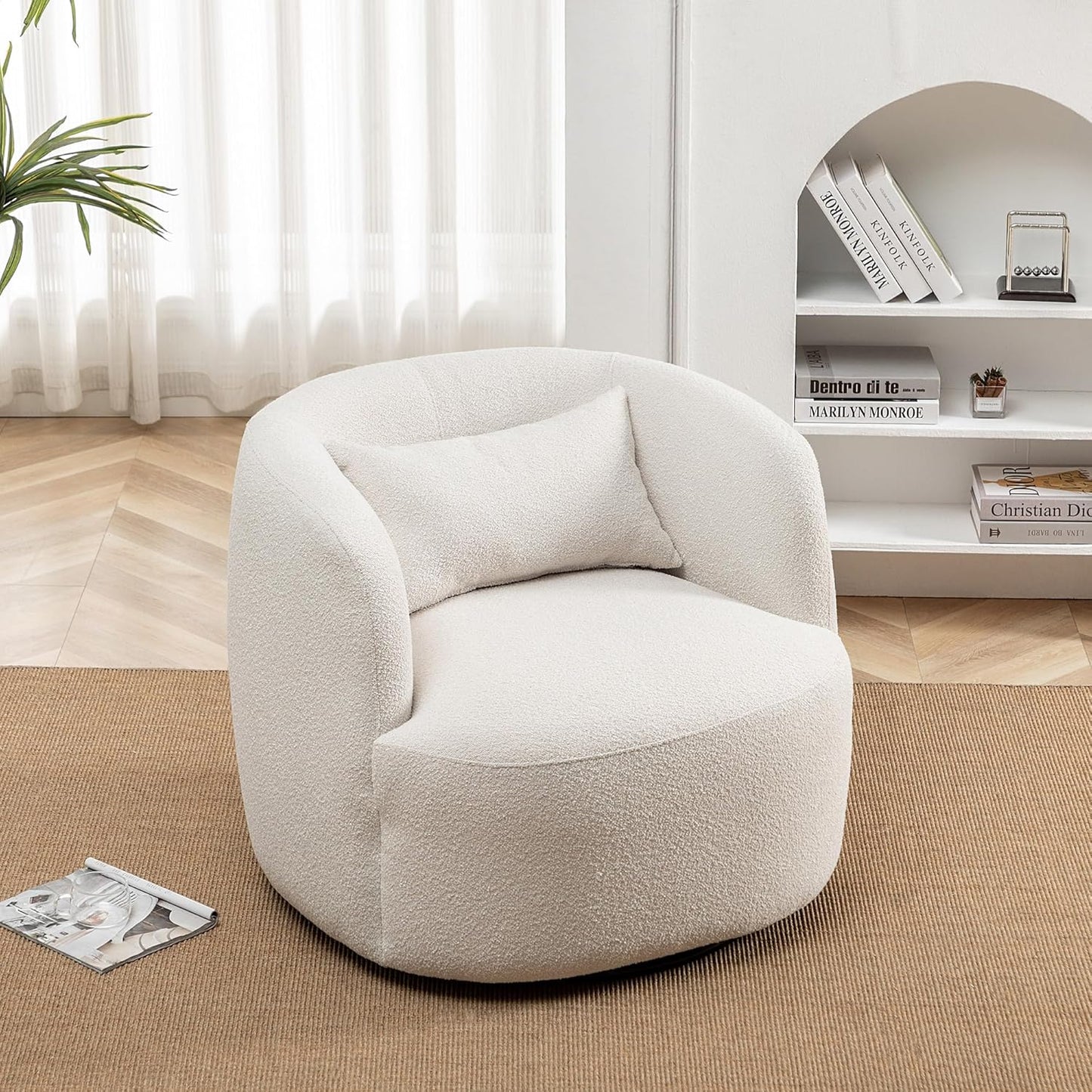 KINWELL 34" Wide Boucle Swivel Barrel Chair, No Assembly Round Upholstered Armchair Accent Chair Single Sofa Chair with Toss Pillow for Living Room and Bedroom, Beige