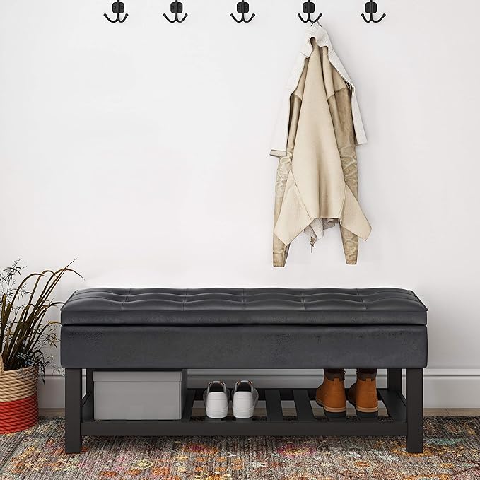 SIMPLIHOME Cosmopolitan Storage Ottoman Bench - 44 inch Wide Upholstered Vegan Leather Rectangle Storage Ottoman in Distressed Black, Transitional Bench for Bedroom with Tufted Lift-Top and Open Shelf