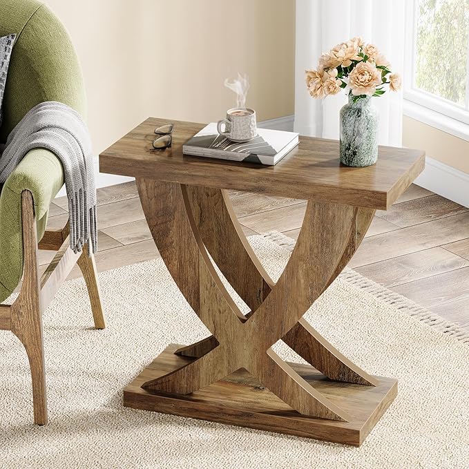 Tribesigns Wood End Side Table for Living Room, Night Stand for Bedroom with Cross Fishtail Support, Farmhouse Nightstand for Small Spaces, Accent Furniture, Easy Assembly, Retro Wood Grain (1, Brown)