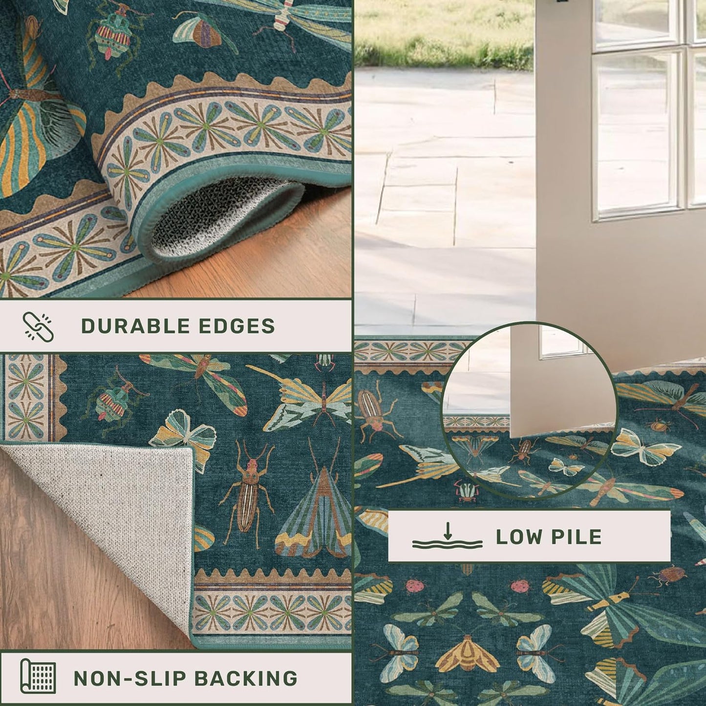Oriental Blue and Green Area Rugs for Living Room 6x9 - Insect & Butterfly Dining Table Rug, Bedroom Boys, Washable Non Skid Rubber Backed, Vintage Funky Home Décor