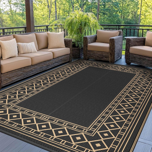 GENIMO Outdoor Rug Waterproof 6'x9' for Patio, Foldable Reversible Plastic Straw Carpet for Travel Trailers, Outside Area Mat for Rv, Deck, Picnic, Porch, Camper, Balcony, Beach, Black & Brown