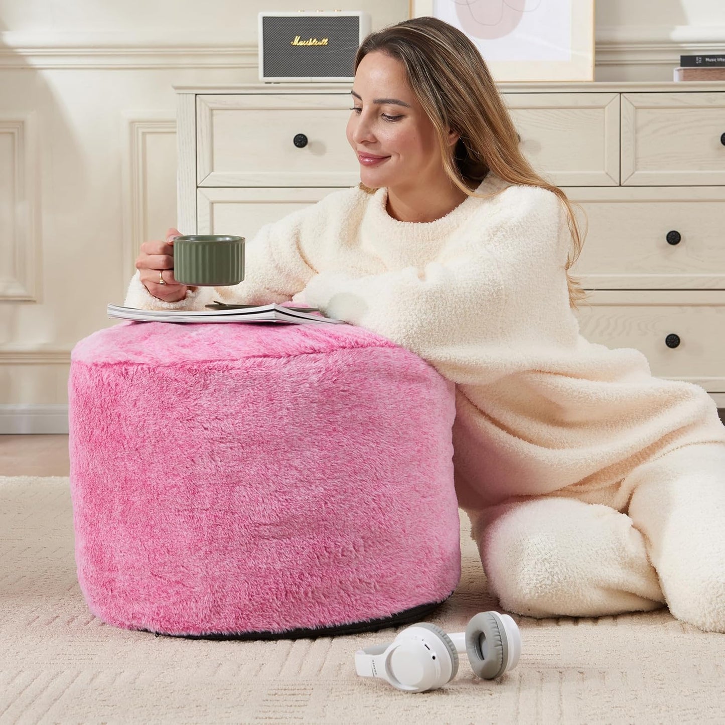 Round Storage Ottoman Bench 20"x15" Round Ottoman Cover with Foam Floor Chair Farmhouse Puff Ottom Pouf Stool for Bedroom Soft Large Pouf Ottom Purple Foot Stool Ottom for Accent Chair
