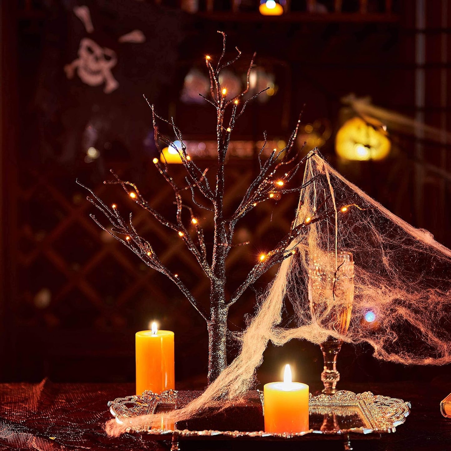Hairui Lighted Tabletop Black Glittered Spooky Tree with Orange Lights 24 LED 18 Inches for Halloween Witch Decoration Battery Operated or USB Plug in Indoor Use