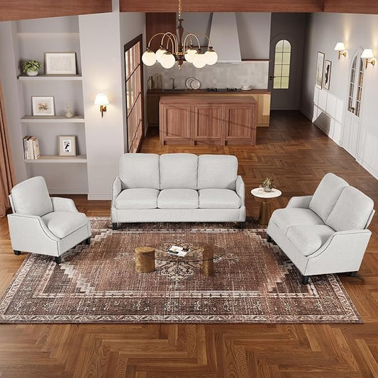 3 Piece 6-Seater Living Room Sofa Set, Modern Upholstered 3-Seater Sofa, Loveseat & Armchair, Handmade Nailhead Trim, Ergonomic Deep-Seat Couch for Living Room, Bedroom, Apartment, Beige