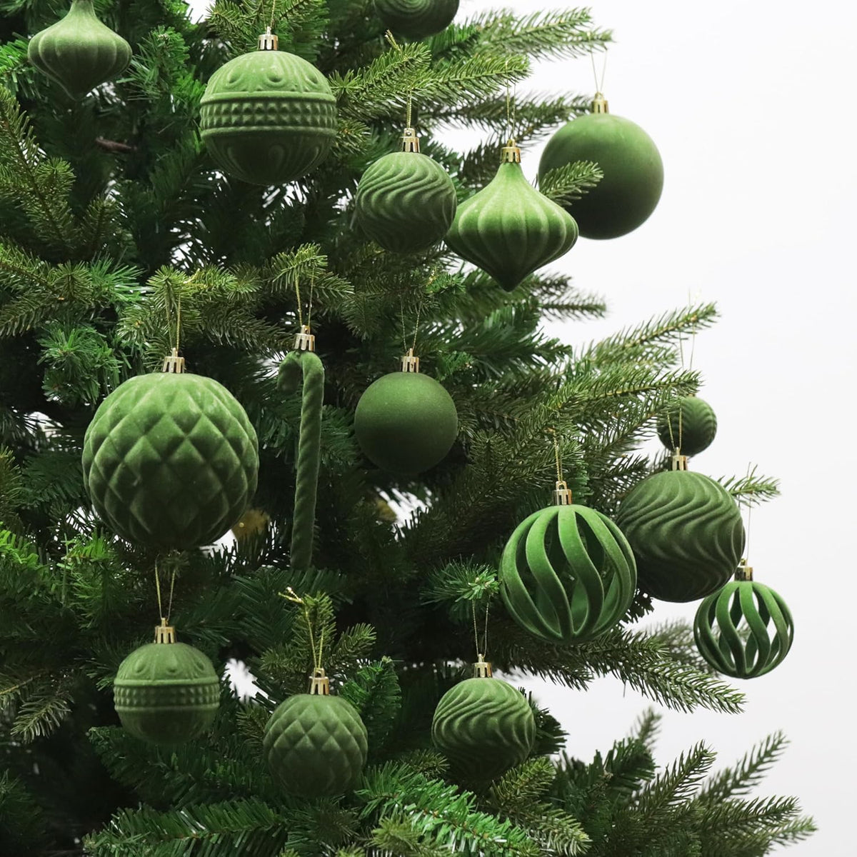Senjie 2025 Velvet Christmas Ornaments Sets for Christmas,63pcs Xmas Tree Bulk Flocked Shatterproof Christmas Ornaments Balls Decoration Avocado Green