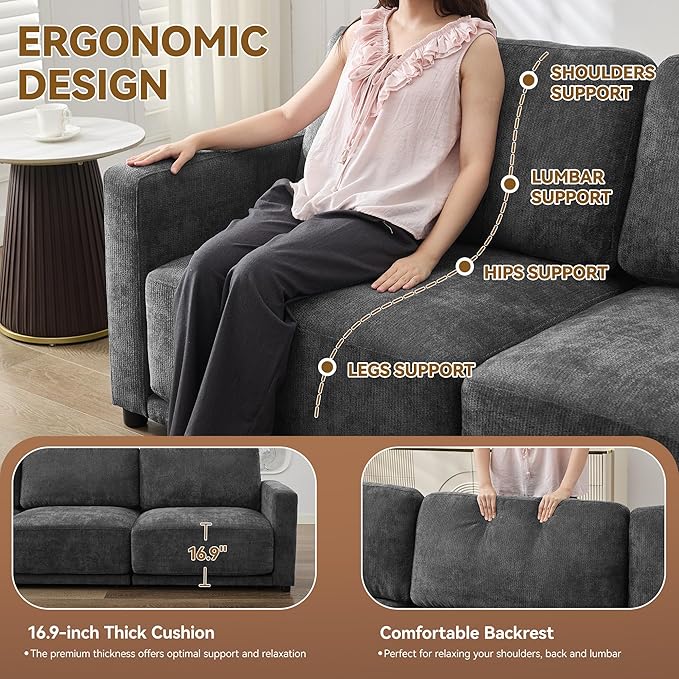 143.8" Modular Sectional Sofa Modern Chenille U-Shaped Couch with Thickened Seat Cushions, Easy Assembly, Upholstered 6 Seater Couch with 2 Movable Ottomans for Living Room, Grey