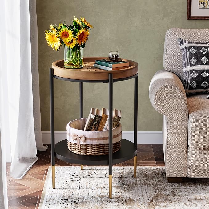Tribesigns Round Side Table Set of 2, 2-Tier End Table with Solid Wood and Metal, Industrial Nightstand for Small Spaces, Living Room, Bedroom, Study Room (Rustic Brown)