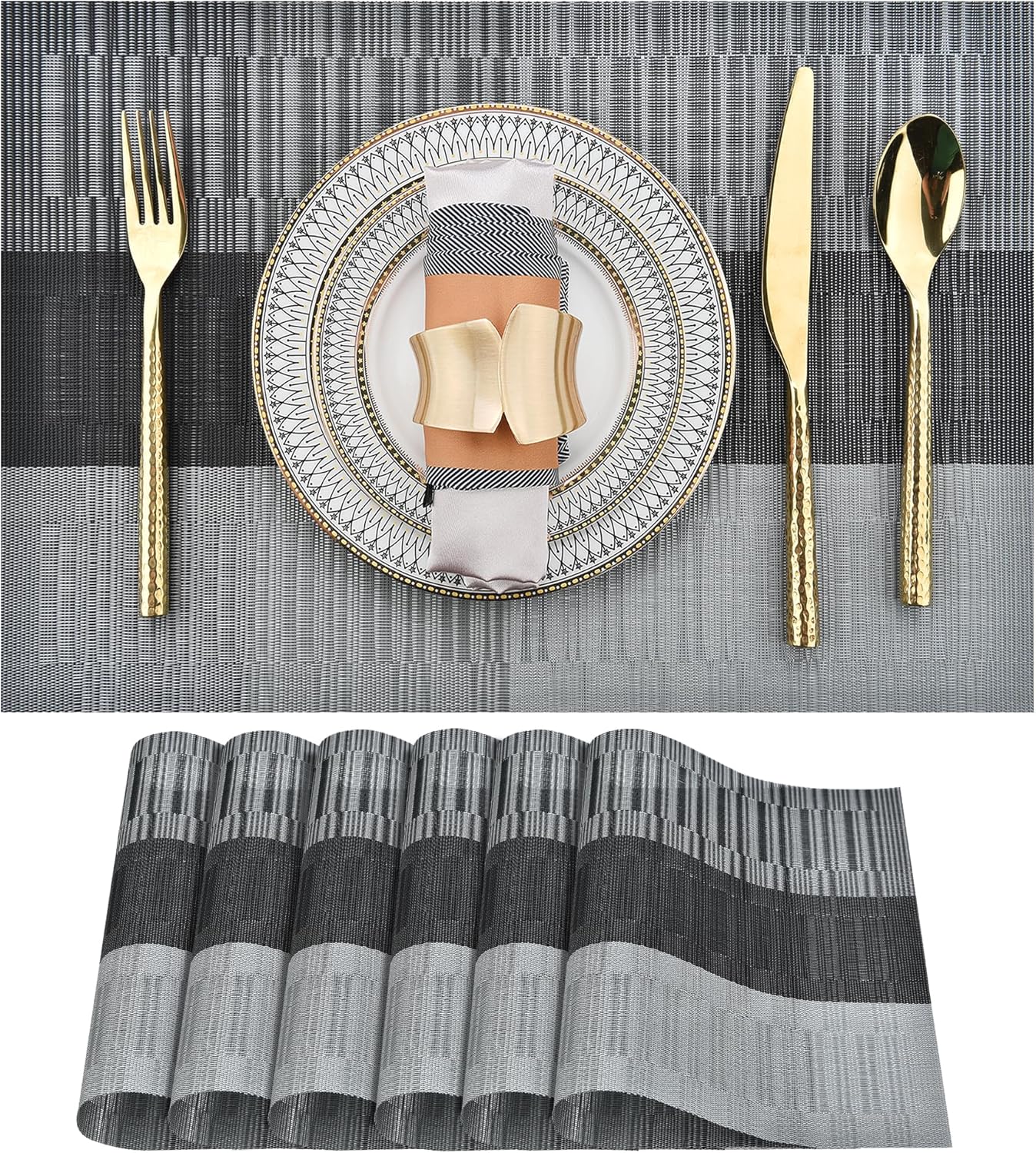 Placemats Set of 6 - Easy Clean Washable Vinyl Placemats - Heat Resistant PVC Place Mats for Dining Table (Black and Gray, 6)