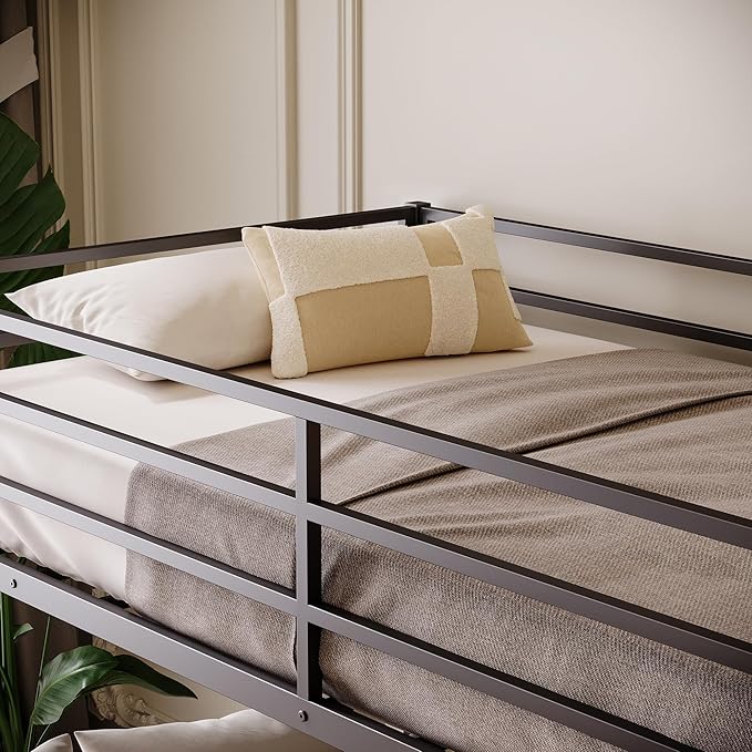 Bellemave Twin Over Full Bunk Bed Frame with Convertible Ladder, Heavy Buty Floor Bunk Bed Twin Over Full Bunk Beds with Full Length Guardrail, Black