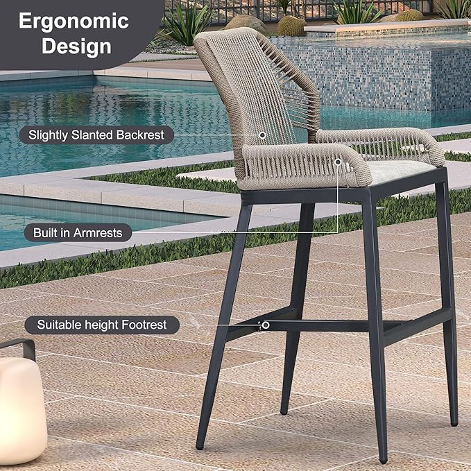PURPLE LEAF 4 Pieces Bar Stools Patio Modern Rattan Barstools Aluminum Woven Tall Bar Chairs with Cushions for Outdoor Kitchen Island Garden