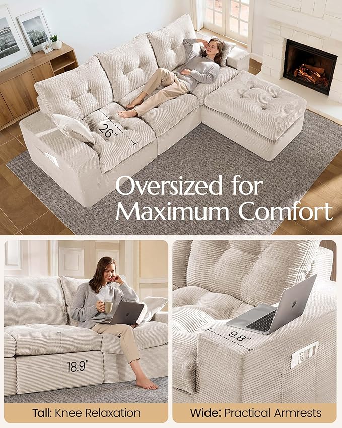 High Back Boneless Couch, U Shaped Cloud Couch with Versatile 2-Pack Pillow Blankets, Corduroy Modular Sectional Sofa with Ottoman, No Assemble Sectional Couches for Living Room, Warm White