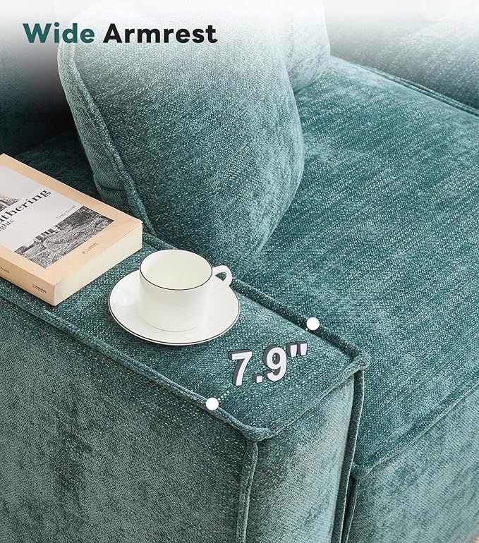 WILLOVE 47'' Single Sofa with Ottoman, Chenille Cloud Couch with Wide Armrests & 3 Pillows, Deep Seat Couches for Living Room, Green