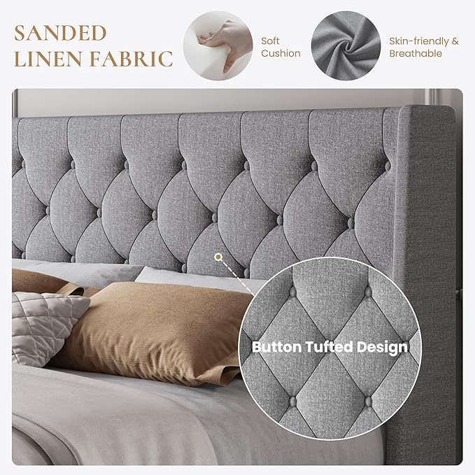 SHA CERLIN Queen Size Upholstered Platform Bed Frame with Wingback Headboard, Tufted Linen Fabric, Wooden Slats Support, Easy Assembly, No Box Spring Needed, Light Grey