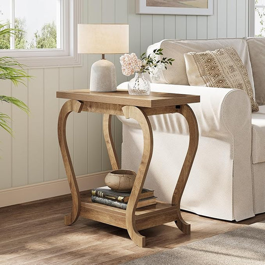 Tribesigns End Table, Narrow Wood Side Table with Storage Shelves, 2-Tier Bedside Accent Furniture for Living Room, Small Spaces, Bedroom, Brown (1, Brown)