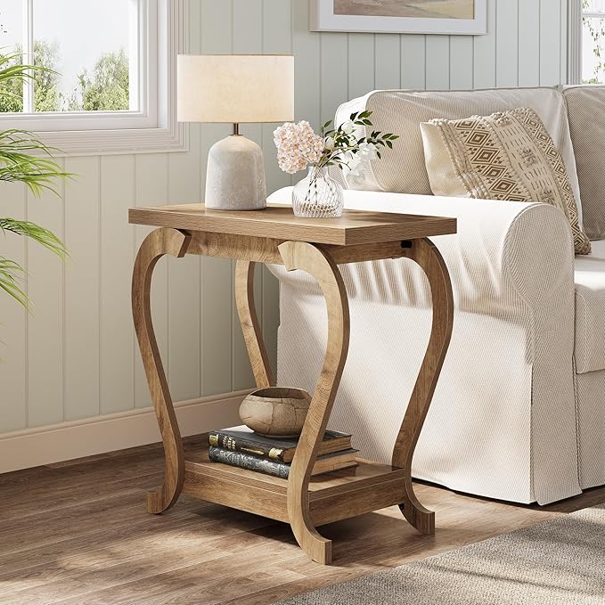Tribesigns End Table, Narrow Wood Side Table with Storage Shelves, 2-Tier Bedside Accent Furniture for Living Room, Small Spaces, Bedroom, Brown (2, Brown)
