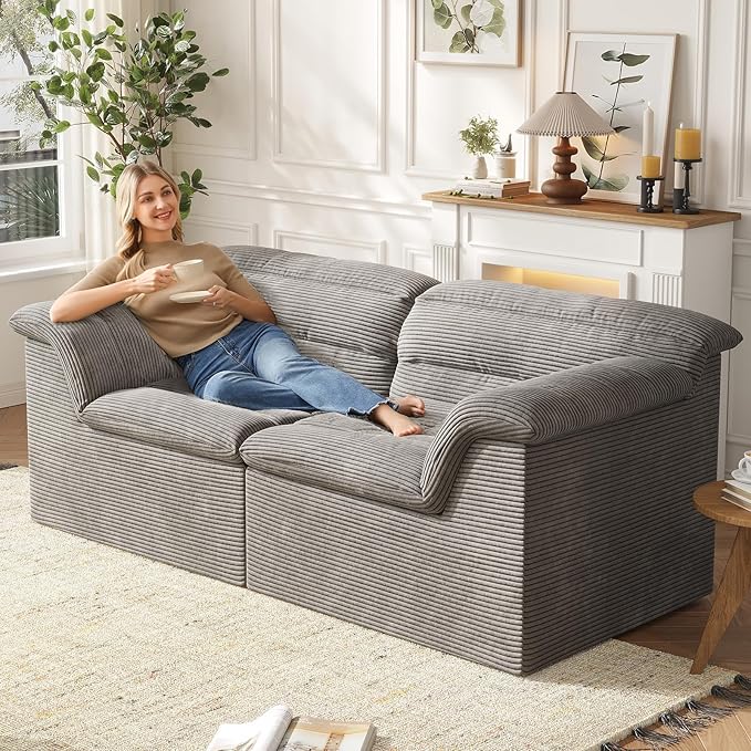 88" Sofa with Deep Seats Oversize, 3 Seater Cloud Couches, Upholstered Corduroy Couch for Living Room Bedroom, No Assembly Required, Light Gray