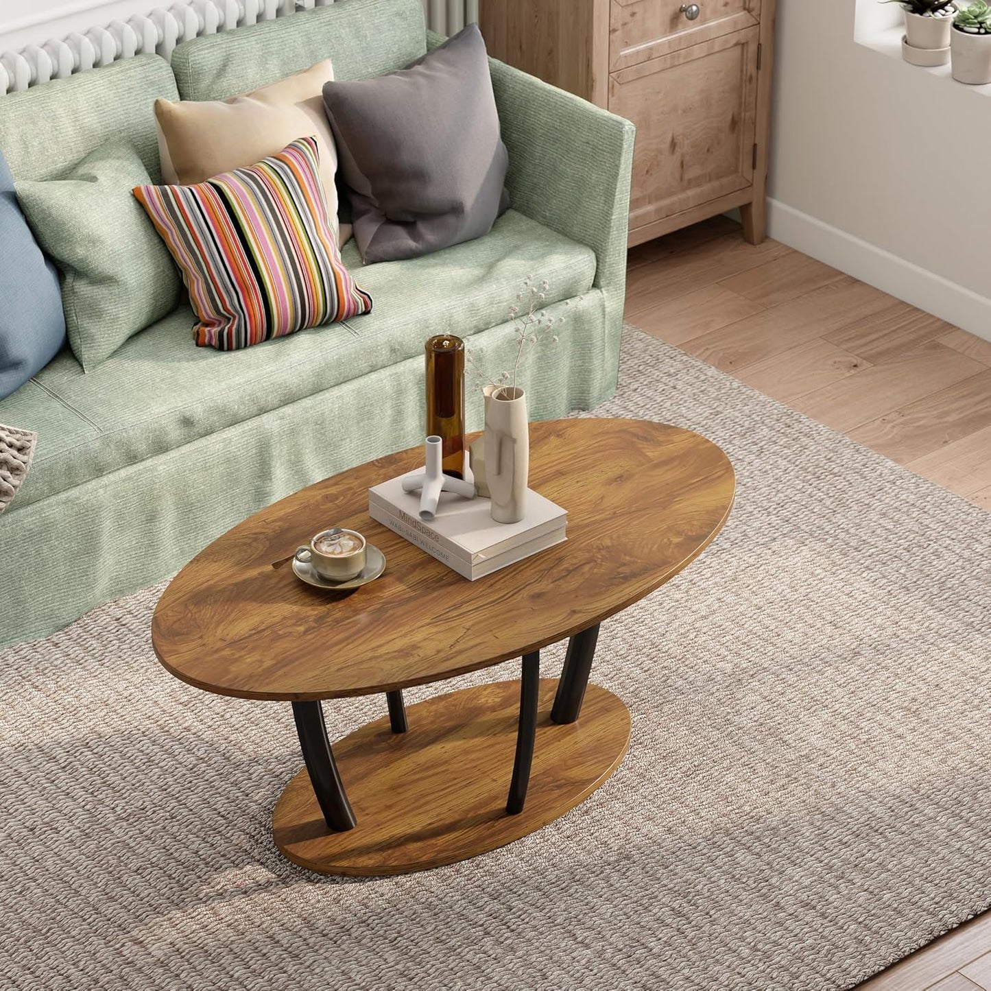 Manora Small Oval Coffee Table with Storage, Farmhouse Industrial Center Table for Living Room, Vintage Tea Table for Small Spaces, Rustic Brown