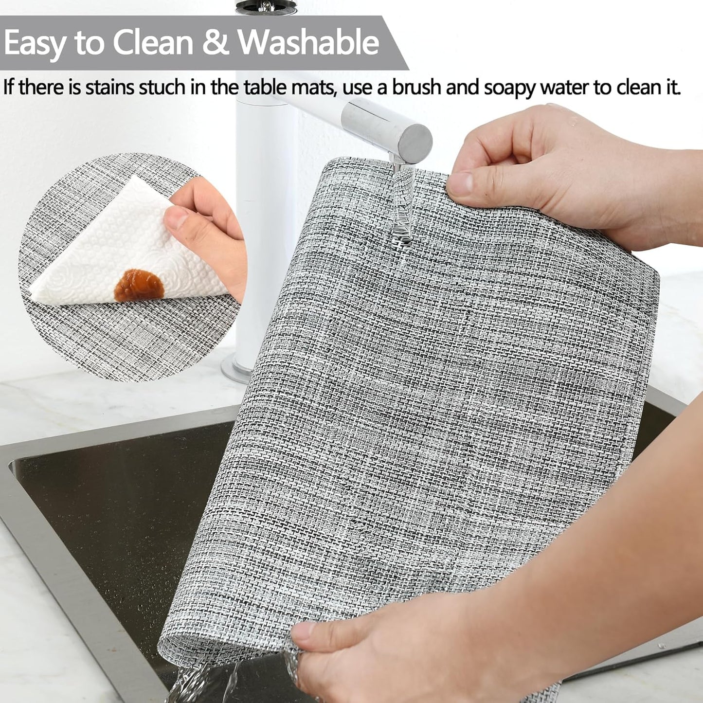 Placemats Set of 4 - Easy Clean Washable Vinyl Placemats - Wipeable Heat Resistant Table Mats for Dining Table - 17.7x11.8 Inch (4, Black & White Two-Tone)